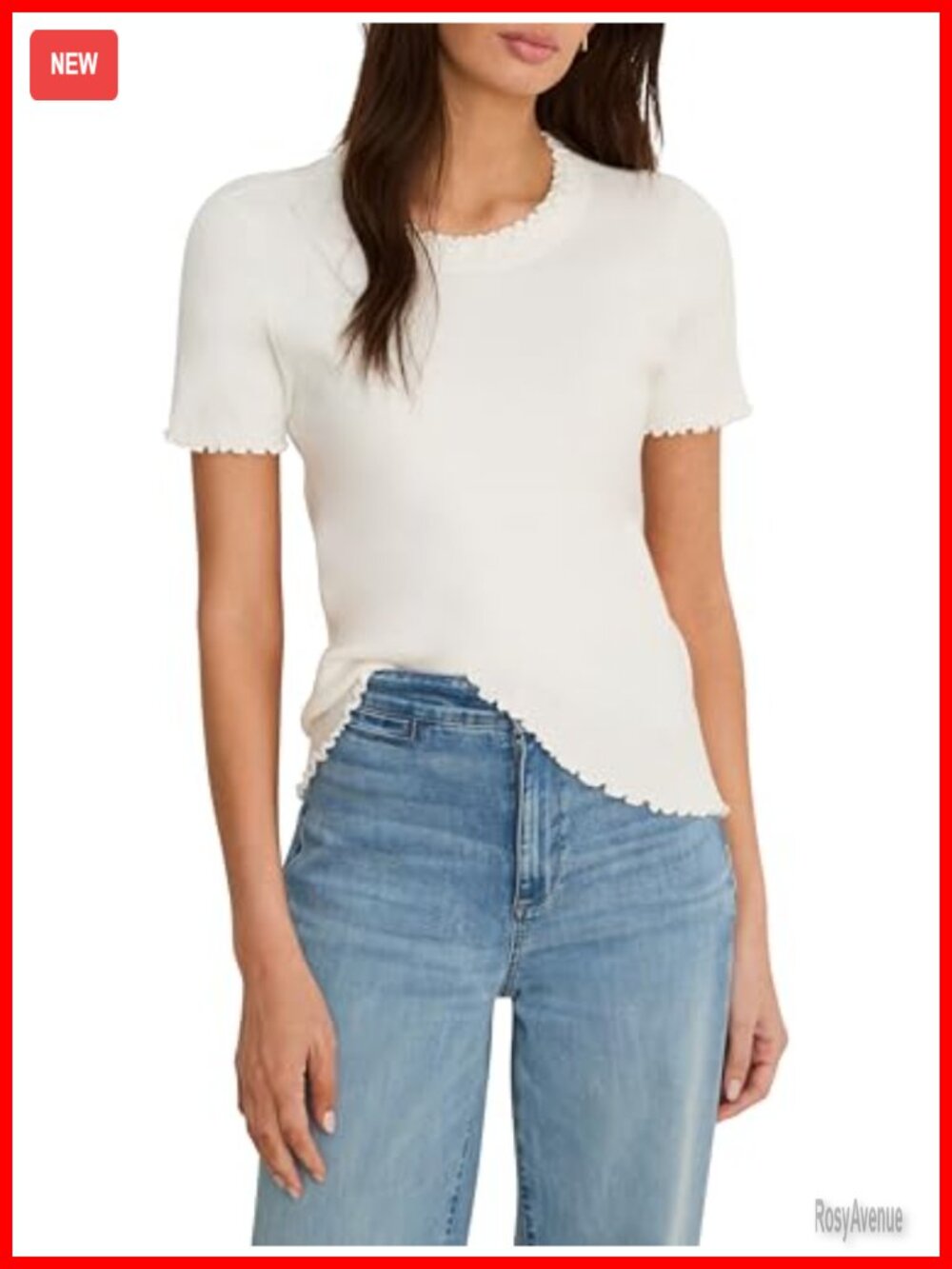 NIC+ZOE Ruffle Trim Sweater Tee Short Sleeve Crew Neck Lettuce Edge Knit Top